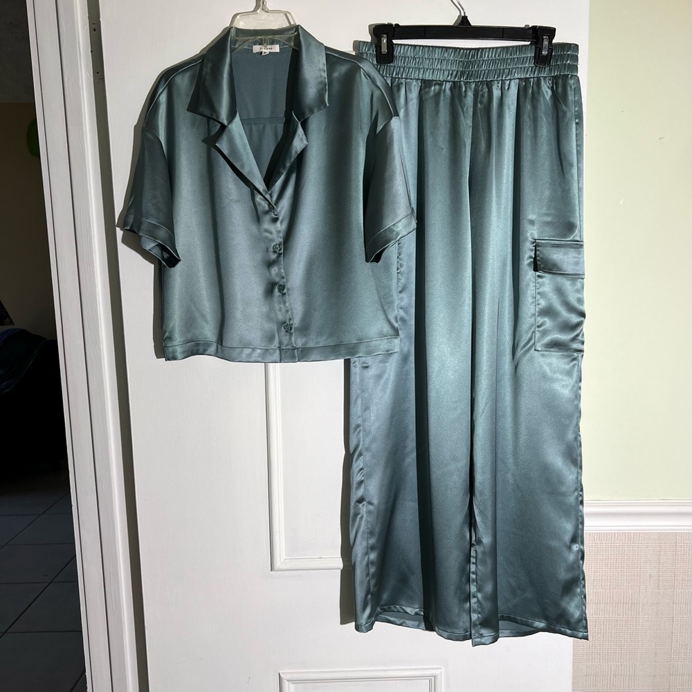 Pleione Satin Cargo Pants Shirt Set Steel Blue